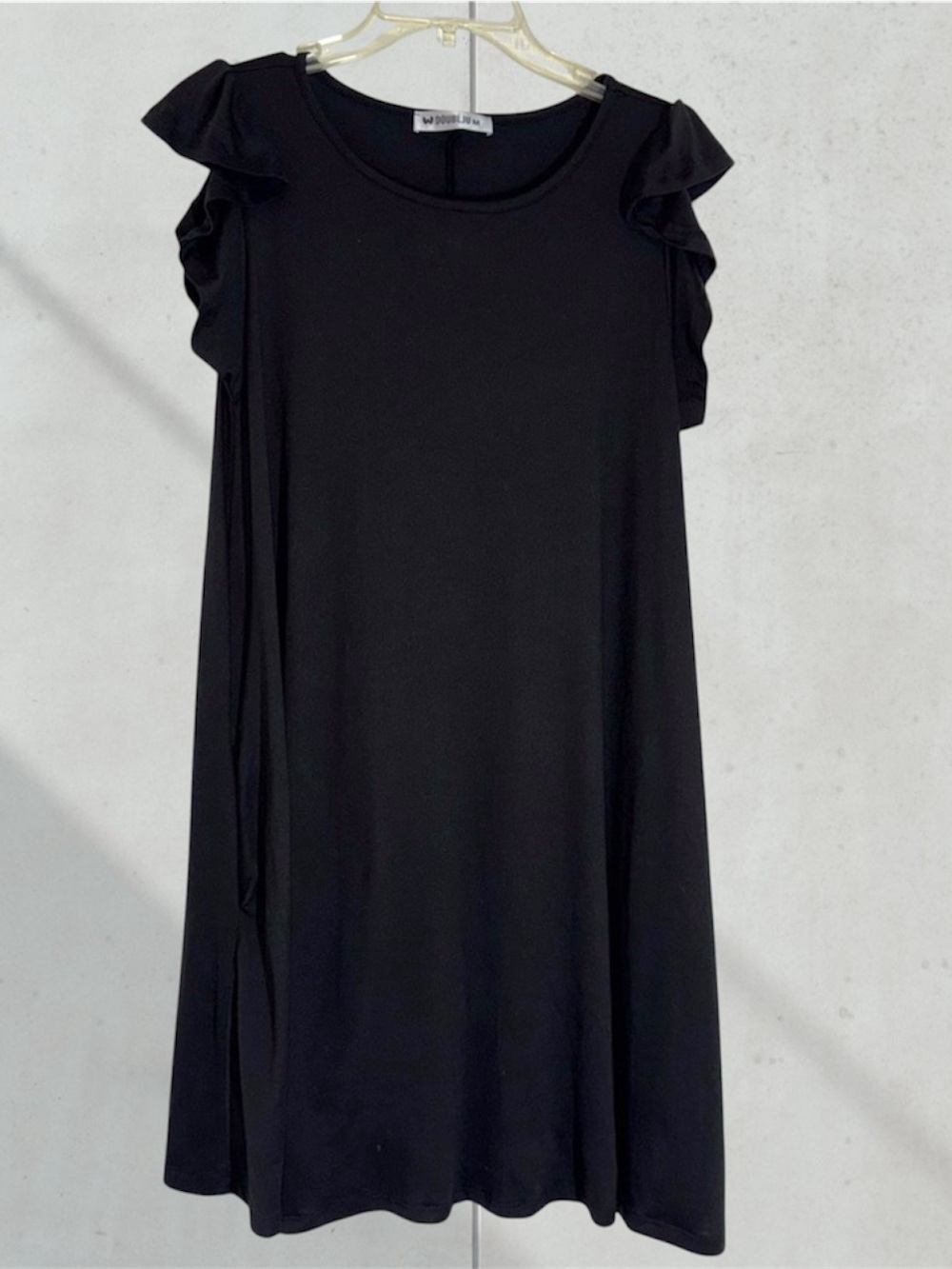 Doublju Charcoal Gray Black Dress with ruffle shoulder detailing and pockets M